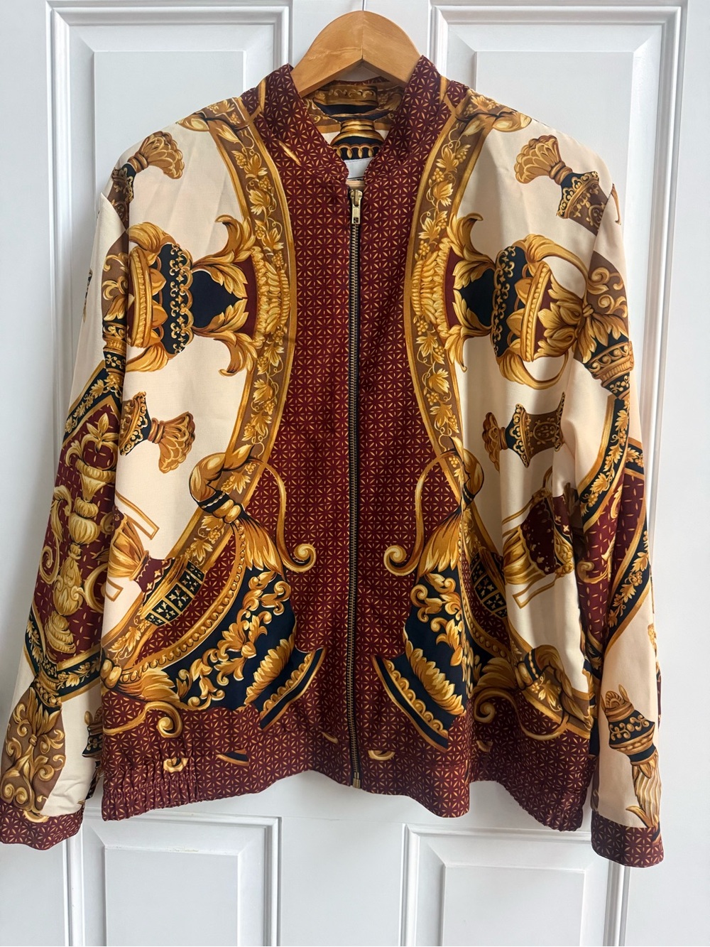 Vintage Baroque Print Bomber Jacket Burgundy Cream Made in USA 80’s/90’s slouchy